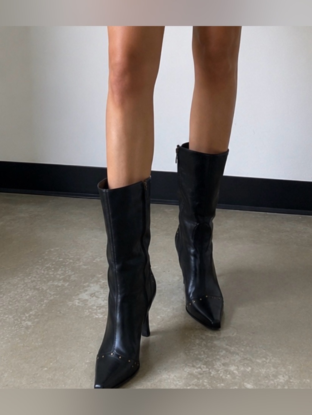 River Island Black Leather Studded Mid Calf Boots Stiletto Heel Size 10